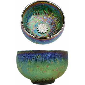 Beautiful Jianzhan Tea Cup, 3d Silver Lotus Inlaid Ceramic Tea Cup Handmade Fancy Glaze Tenmoku Cup Chinese Kungfu Tea Cup (Peacock Round)