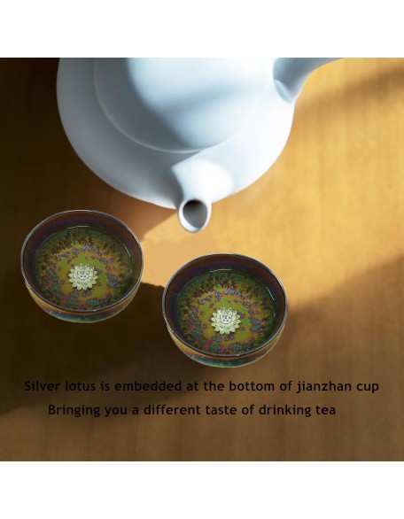 Beautiful Jianzhan Tea Cup, 3d Silver Lotus Inlaid Ceramic Tea Cup Handmade Fancy Glaze Tenmoku Cup Chinese Kungfu Tea Cup (Peacock Round)