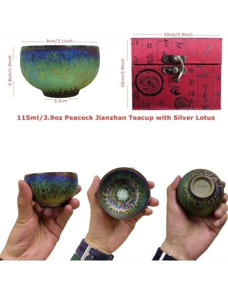 Beautiful Jianzhan Tea Cup, 3d Silver Lotus Inlaid Ceramic Tea Cup Handmade Fancy Glaze Tenmoku Cup Chinese Kungfu Tea Cup (Peacock Round)