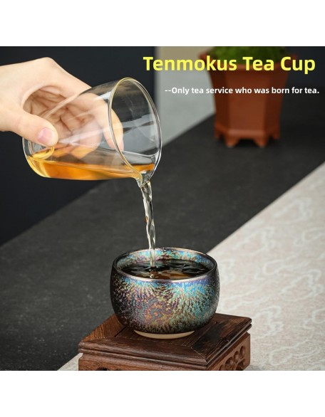 Handmade Coloful Tenmokus Tea Cup Set of 2, Chinese Crafts Kungfu Tea Cups Seven-Colours Ceramic Teacup with Gift Box Packing