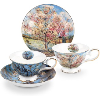 Floral Tea Cups Saucers Set of 2, Van Gogh Paintings Bone China 7 oz British Teacups Porcelain Coffee Cup for Rose Tea Cappuccino Espresso Latte (Apricot & Peach Blossom)