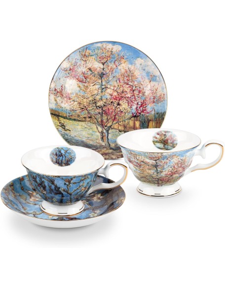 Floral Tea Cups Saucers Set of 2, Van Gogh Paintings Bone China 7 oz British Teacups Porcelain Coffee Cup for Rose Tea Cappuccino Espresso Latte (Apricot & Peach Blossom)