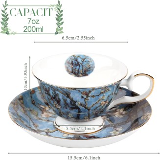 Floral Tea Cups Saucers Set of 2, Van Gogh Paintings Bone China 7 oz British Teacups Porcelain Coffee Cup for Rose Tea Cappuccino Espresso Latte (Apricot & Peach Blossom)