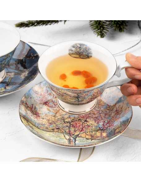 Floral Tea Cups Saucers Set of 2, Van Gogh Paintings Bone China 7 oz British Teacups Porcelain Coffee Cup for Rose Tea Cappuccino Espresso Latte (Apricot & Peach Blossom)