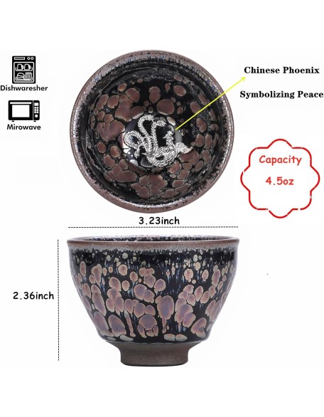 Jianzhan Tenmoku Magic Tea Cup Set of 2, Handmade Chinese Dragon and Phoenix Tea Cups, 3d Art Ceramic Kungfu Teacups with Gift Box (Newly bloomed)