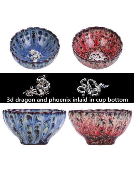 Jianzhan Tenmoku Magic Tea Cup Set of 2, Handmade Chinese Dragon and Phoenix Tea Cups, 3d Art Ceramic Kungfu Teacups with Gift Box (Cherry blossom)