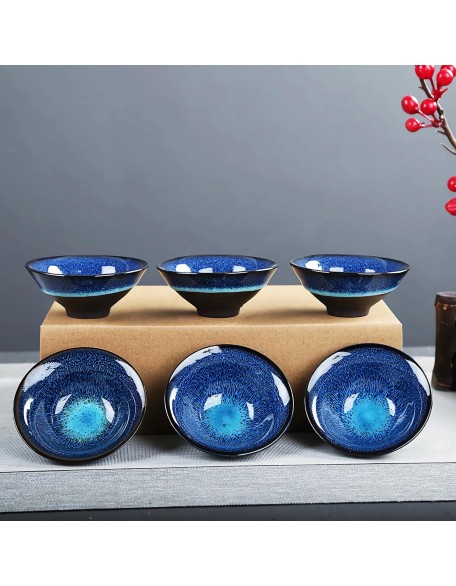 Kiln Glazed Ceramic Teacup Set - Set of 6 Hand-Pulled Purple Clay Jianzhan Tea Cup with Tianmu Pattern Handmade Yohen Tenmoku Tea Bowl Sake Cups (Blue Douli Cup)