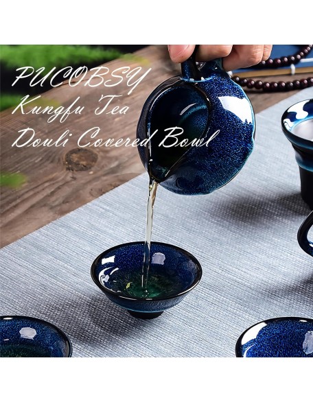 Kiln Glazed Ceramic Teacup Set - Set of 6 Hand-Pulled Purple Clay Jianzhan Tea Cup with Tianmu Pattern Handmade Yohen Tenmoku Tea Bowl Sake Cups (Blue Douli Cup)