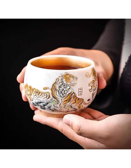 Jianzhan, White Porcelain Five Tigers Tea Cup, Individual Single Cup With Gift Box, Gift for Yourself/Friends/Tea Lovers, 200 ml/7.04 oz