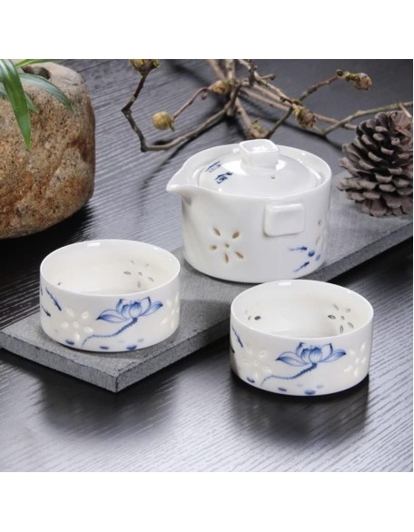 Ceramics Hollow Tea Set One Pot Two Cup Chinese Style Tea Set Beautiful Teapot Teacups Set Travel Teaware (Color : A)